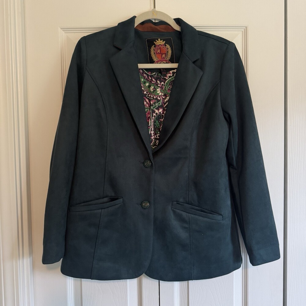 Isaac Mizrahi Live! Estate Green S/M Jacket Blazer Faux Suede Velvet Button